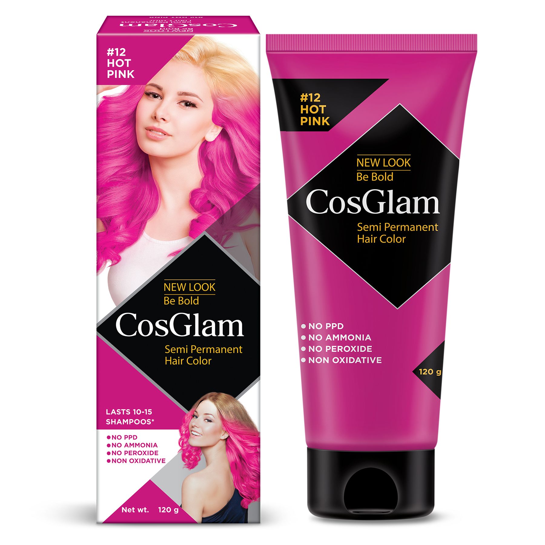 COSGLAM Semi Permanent Hair Color, No Peroxide, Non Oxidative, Ammonia Free Hair Colour 12 Hot Pink - 120gm