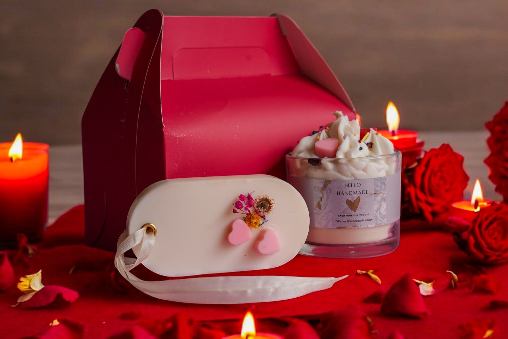 Love Gift Pack-Combo 1 ( Contains 1 Red Gift Box 1 Dessert Jar Candle 1 Wax tablet ) Fragrance - Rose & Orange Vanilla