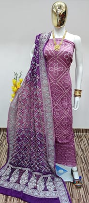Modal Ghazi Silk Barik Bandhej Work Authentic Gujarati Bandhani Dress Material (Unstitched)-Lavender