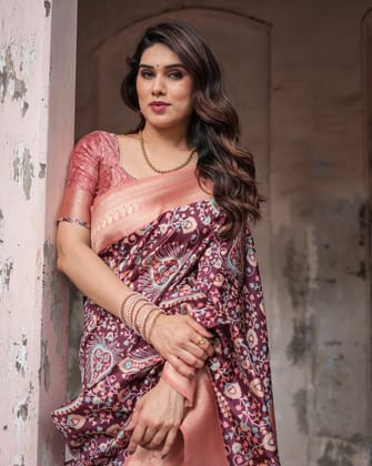 Maroon Banarasi Silk Saree with Peach Zari Border and Paisley Motifs-Regular