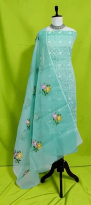 Handwoven Kota Doria Dress Material, Teal Green with Floral Gota Patti
