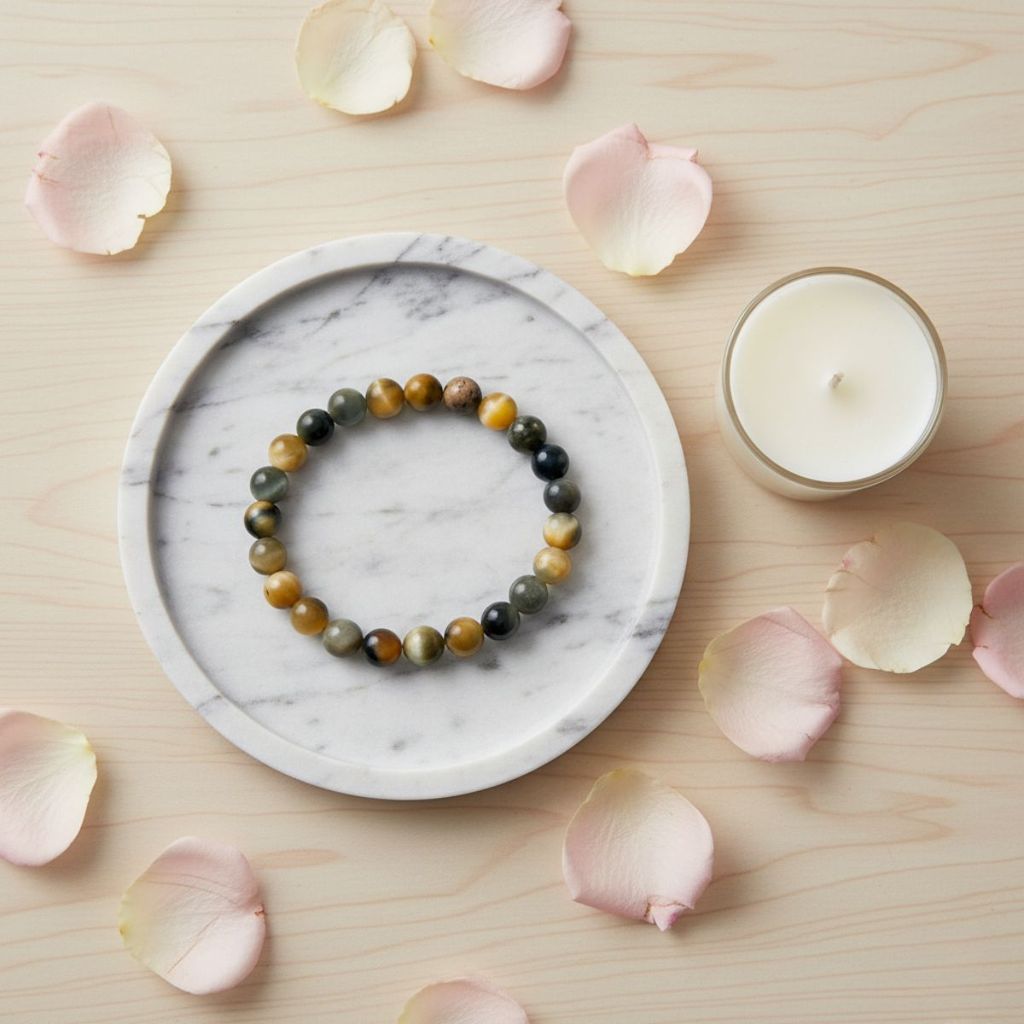 Cat’s Eye Crystal Bracelet – Natural Lehsunia Stone Beads for Protection & Good Luck, Stretchable Handmade Bracelet for Men & Women