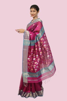 Sensuous Heritage Coin motif handwoven Saree with Tassels – Magenta Sensuous Heritage Coin motif handwoven Saree with Tassels – Magenta