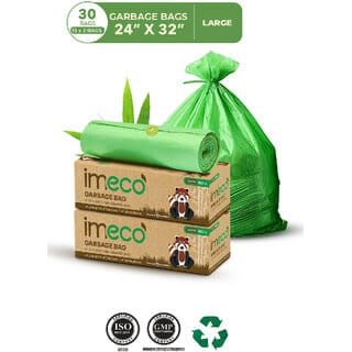 IMECO Eco-Friendly Garbage Bags  30 Pcs  Large - 24 x 32 Inches  15 Pcs x 2 Roll  Green  Dustbin/Trash Bags with De