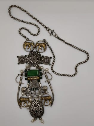 Tribal Oxidized Dual-Tone Elephant and Sword Long Pendant