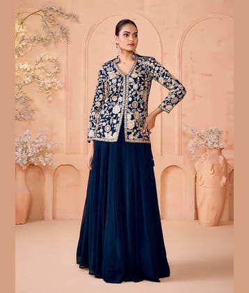 Madhuram Textiles Women Georgette Embroidered Straight Kurti With Sharara And Gharara ( Navy )