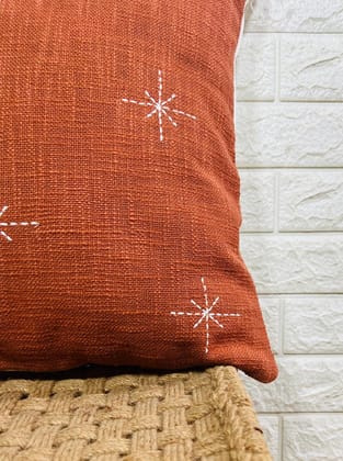 Indihomecraft Handicraft Cotton Cushion Cover - Hand Stitched Embroidery Decorative Art Boho Pillow Star Shape Red Brick Hand Made Pillow Cover | Square Shape 18X18 Inches Cushion Cover