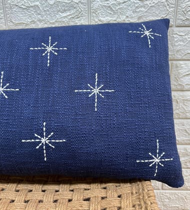 Indihomecraft Handicraft Cotton Cushion Cover - Hand Stitched Embroidery Decorative Art Boho Pillow Star Shape Blue Hand Made Pillow Cover | Square Shape 14X20 Inches Cushion Cover