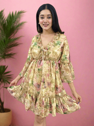 Beige Floral Printer Jacquard Fabric Short Dress-S