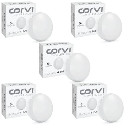 CORVI LED Surface 4 Round 6W | Slim, Driverless, Dimmable Ceiling Panel Light | Full Glow Warm White 3000K | Surface Mount, No False Ceiling Needed (Pack of 5)