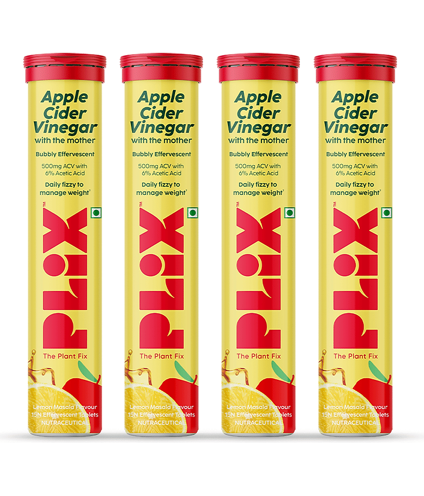 Plix Apple Cider Vinegar 15 Effervescent Tablets Lemon Masala Flavor with Vitamin B12 (4 x 15 No)