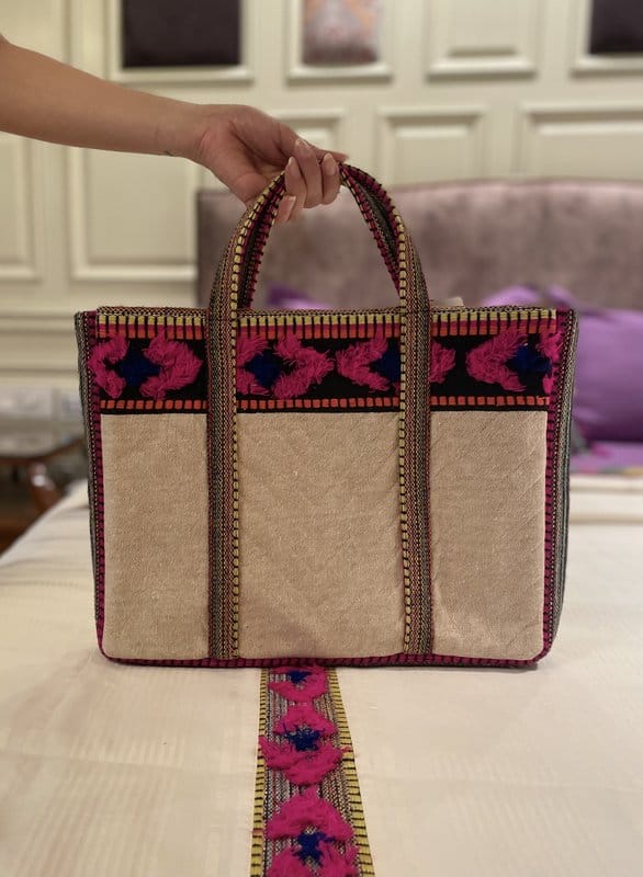 KRI India Raw Distressed Boho Tote Bag | Jute brown with multicoloured fabric and off-white lining | 12x16 inches | Wash & Care | 100% Cotton | Handcrafted in India. 100% organic & natural.
