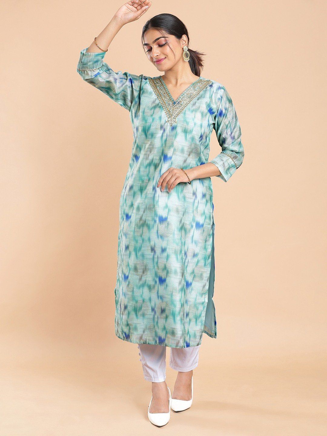 Kalyan Silks Tie & Dye Printed Sky Blue Color Kurti Top