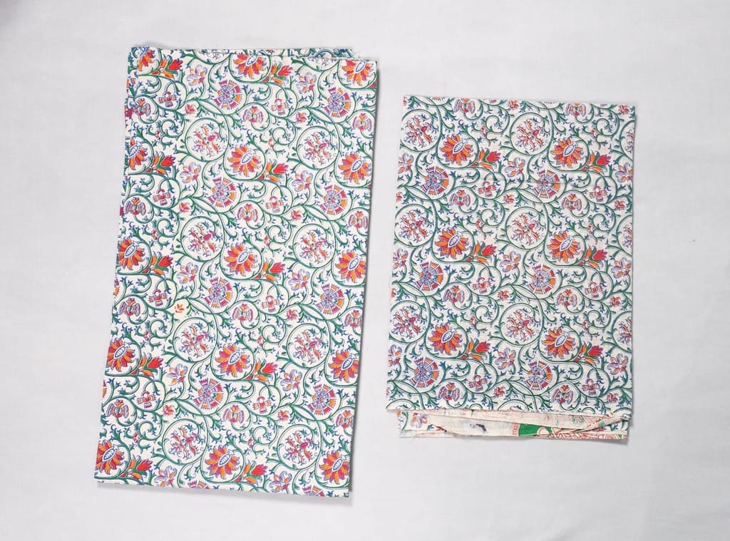 Green and Orange Floral Cotton Fabric material bottom and chunni pieces