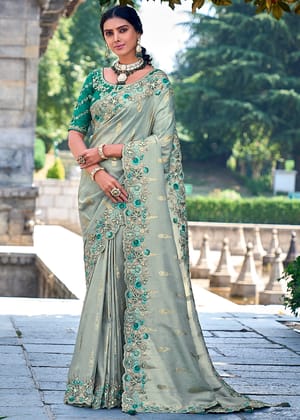 River Green Woven Banarasi Designer Silk Saree With Embroidered Blouse