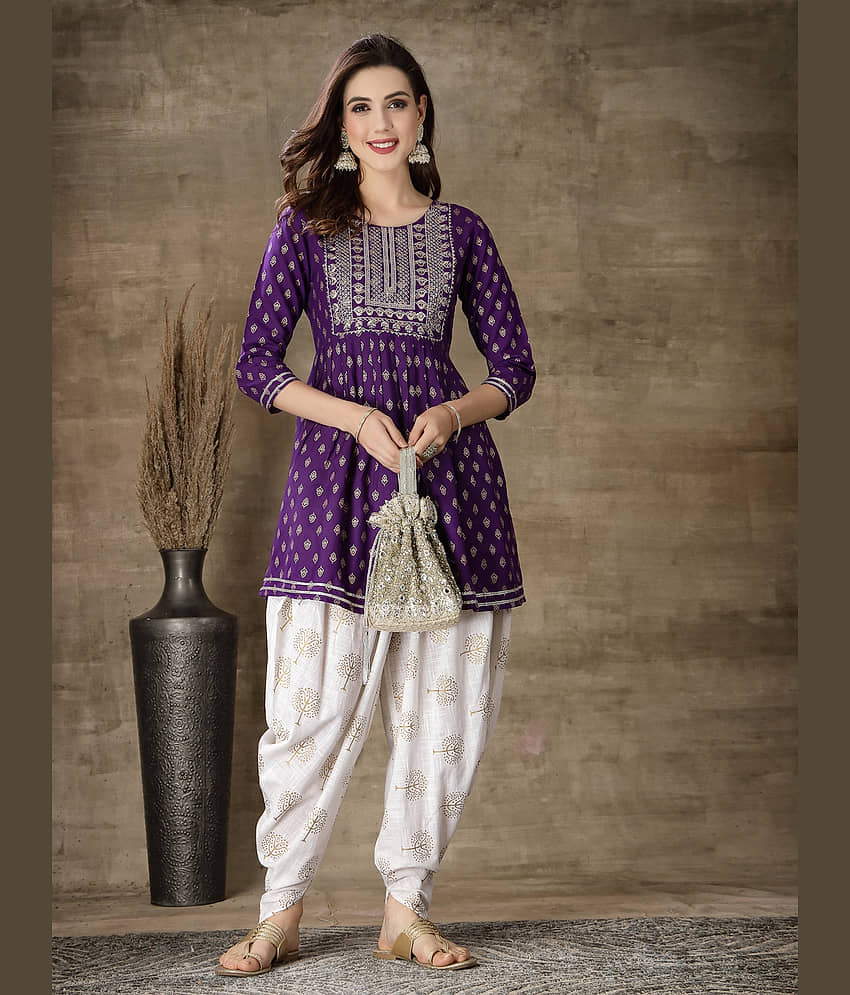 Stylum Rayon Embellished Kurti With Dhoti Pants Women's Stitched Salwar Suit - Violet ( Pack of 1 )