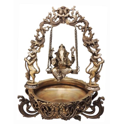 Brass Decorative Ganesh Flower Urli - Spiritual Home Decor Bowl, Diameter : 15.5 Inch (BSMAS012 G)