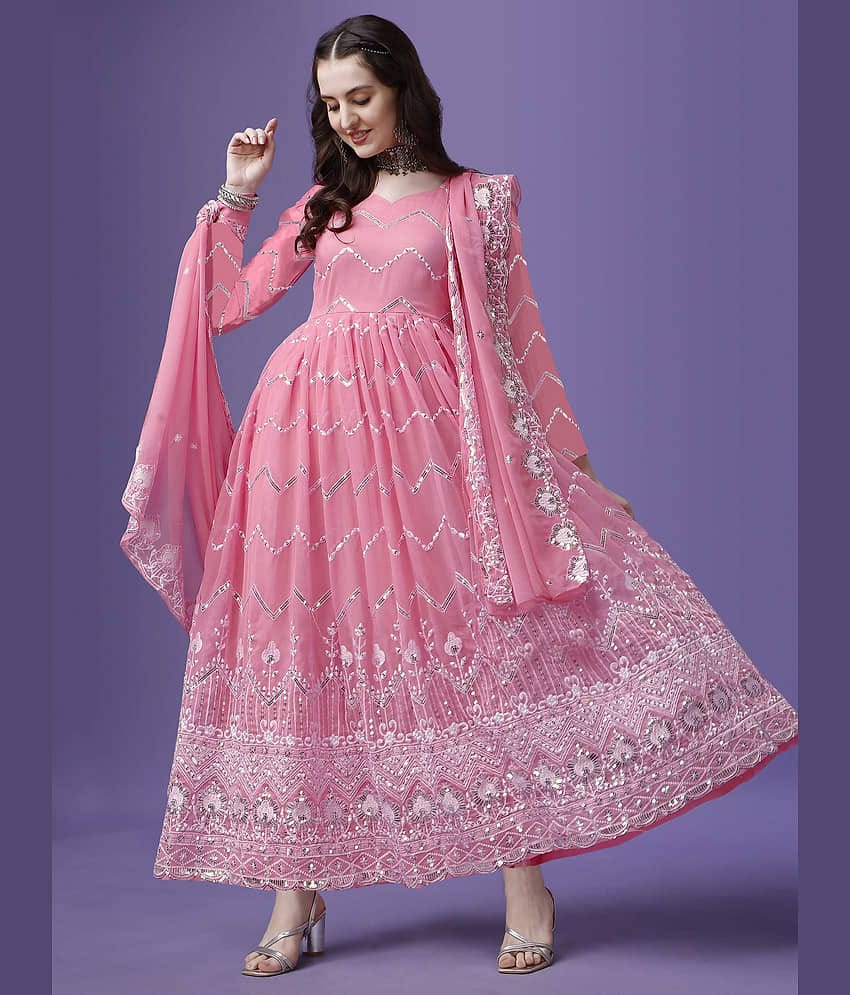 Trijal Fab Pink Anarkali Georgette Women's Stitched Ethnic Gown ( Pack of 1 )