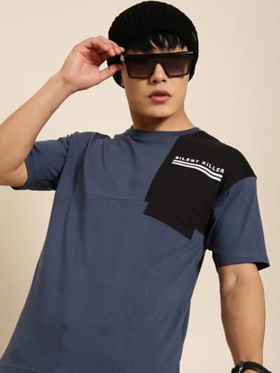 Navy Blue Printed Crew Neck T-shirt-S