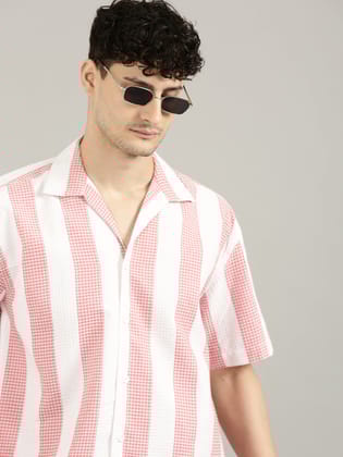 White&Pink Striped Short Sleeved Oversized Shirt-40