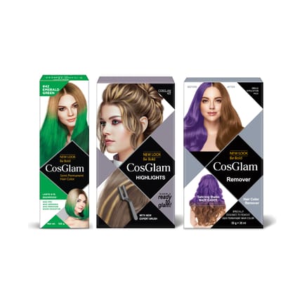 COSGLAM Combo Pack, Semi Permanent Hair Color Emerald Green 120g, Hair Highlighter Kit 115g & Hair Color Remover 70ml