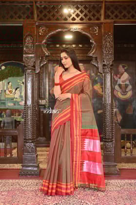 Handloom Cotton Viscose Ilkal Saree With Pure Resham Pallu - Bright Dual Tone Red Green With Red Border