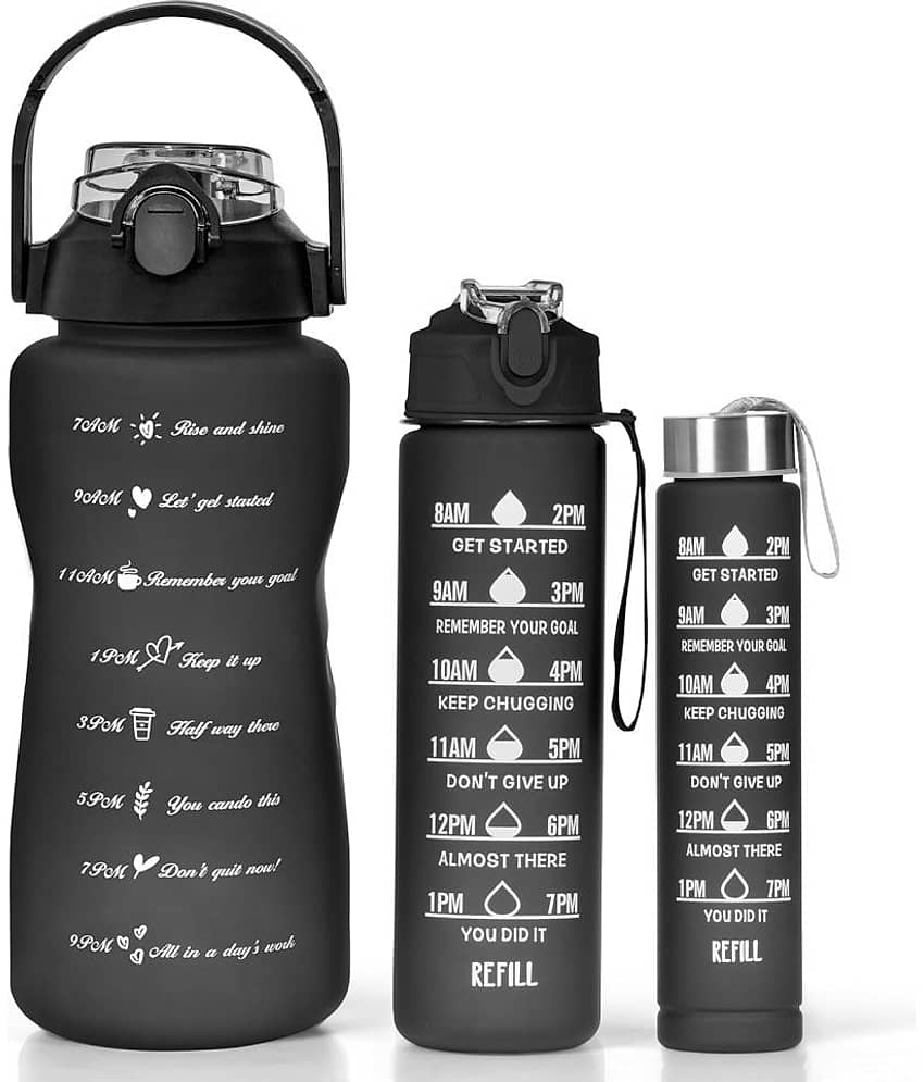 Water Bottle with Times to Drink and Straw, Motivational Time Marker Water Bottles with Strap, Leakproof, Gym & Outdoors, Black (2000 ML 900ML 300ML)