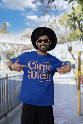carpe diem- Round Neck Drop Shoulder Graphic Printed Oversized Cotton T-shirt-S / BLUE