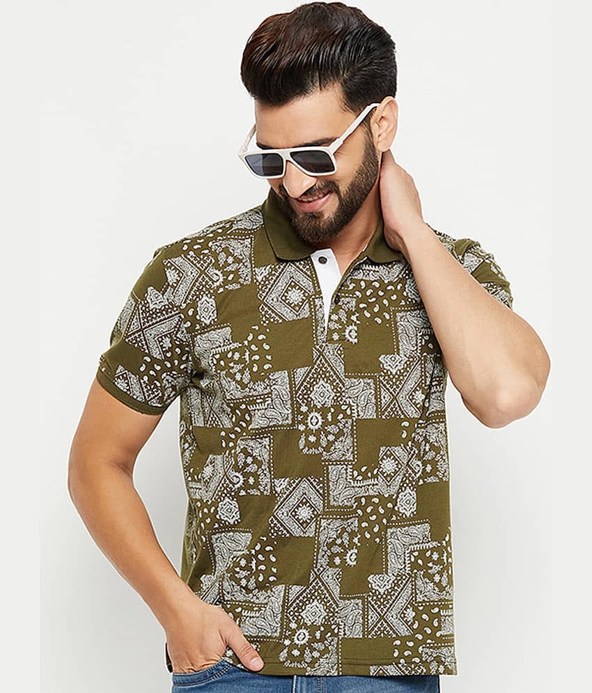 XFOX Pack of 1 Cotton Blend Regular Fit Printed Half Sleeves Men's Polo T Shirt ( Olive )