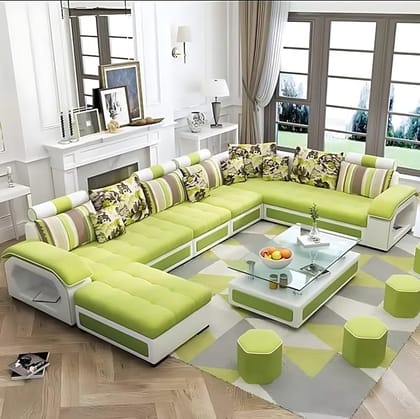 Starlet Furniture World U Shape 9 Seater Fabric Sofa Set with Tea Table & 4 Puffy 9 (Lemon)