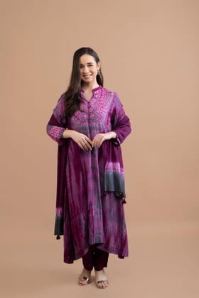 WINE PURPLE SHIBORI YOKE AND TIE DYE KURTA SET OF 3-XL