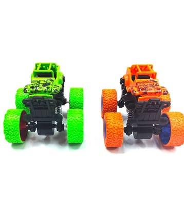 RAINBOW RIDERS  2 Pcs Orange & Green Monster Car/ Mini Monster Car / (Orange, Green ) for 3+ Years Kids / 4*4 Big Wheels  2 Pcs Mini Monster Car for Kids.