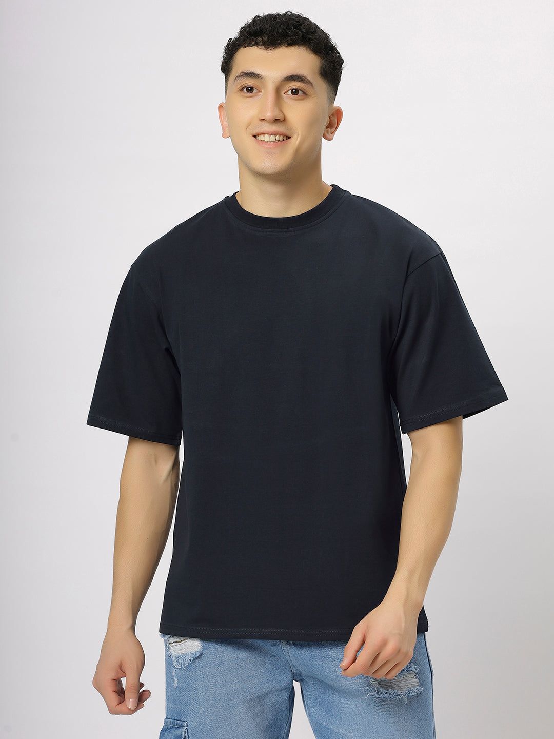 Navy Blue Supima Oversize Round Neck T-shirt-S