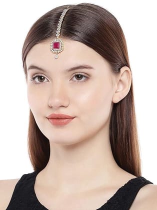 Women Gold-Toned Pink Gold-Plated AD-Studded Maang Tikka