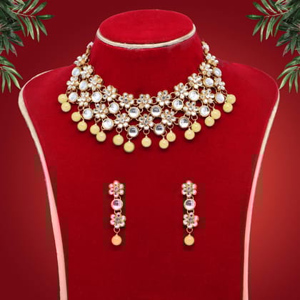 Lemon Yellow Color Kundan Necklace Set-Adjustable rope / lemon yellow / Necklace Length: 16.00 CM x Width: 8.00 CM