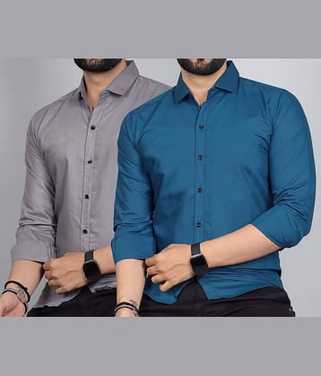 Qlonz store Cotton Blend Regular Fit Solids Full Sleeves Men's Casual Shirt - Teal ( Pack of 2 )