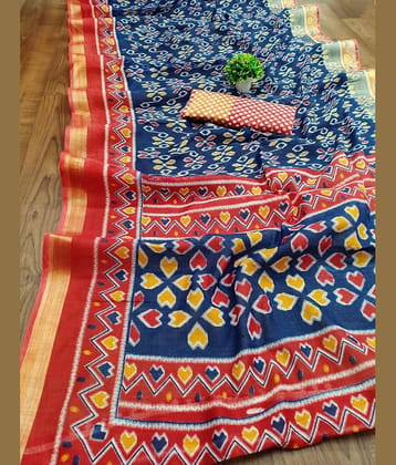 Kanooda Prints Linen Printed Baluchari Saree With Unstitched Blouse Piece ( Multicolor )