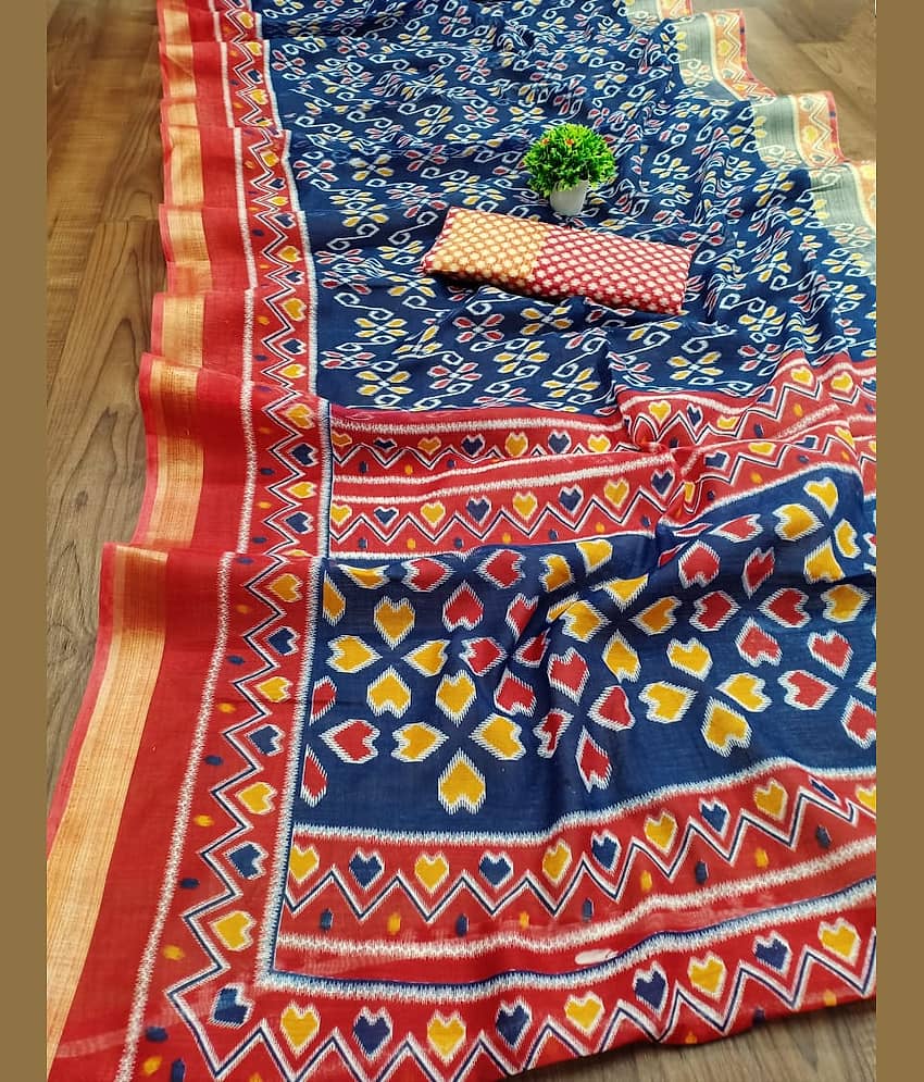 Kanooda Prints Linen Printed Baluchari Saree With Unstitched Blouse Piece ( Multicolor )