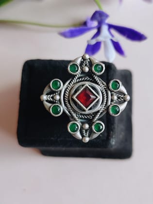 Designer Silver Replica Adjustable Finger Rings for Elegant Styling | Sarichka-Red+Green
