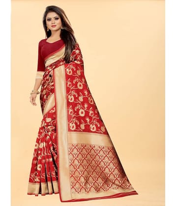 Gazal Fashions Banarasi Silk Embellished Saree With Unstitched Blouse Piece ( Red )