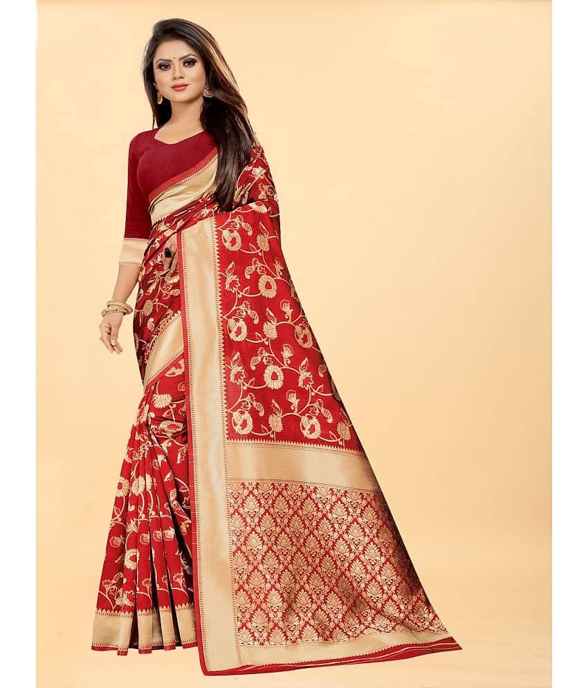 Gazal Fashions Banarasi Silk Embellished Saree With Unstitched Blouse Piece ( Red )