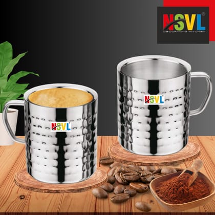 NSVL Hammered Design Premium Double Wall Coffee Mug, Set of 2  (250ML Each) | Tea Cup with Handle and Flat Base