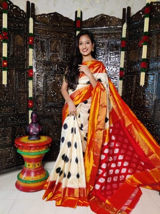 Pure Ikkat Silk Saree Cream Red