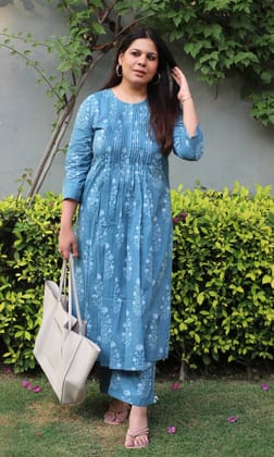 Cotton Deep Blue Pleated Co-ord-S