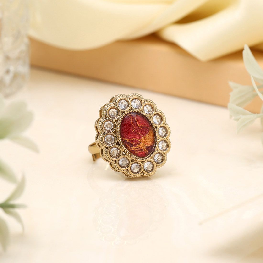 Ruby Red Color Kundan Ring For Women-Ring_Size_Adjustable | Diameter Length: 2.50 CM x Width: 2.00 CM / Red / Alloy With Good Quality Mehndi Gold Plated