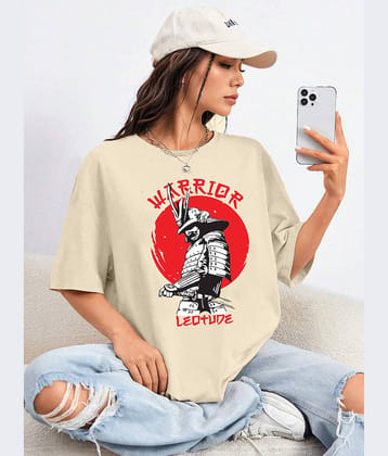 Leotude Women Cotton Blend Printed Oversized Fit Round Neck T-Shirt ( Beige )