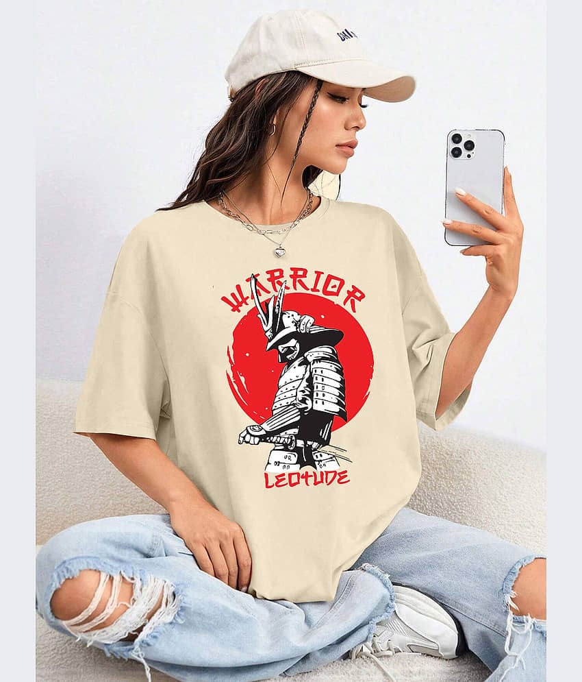 Leotude Women Cotton Blend Printed Oversized Fit Round Neck T-Shirt ( Beige )