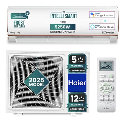 Haier 1.5 Ton 4 Star Triple Inverter Smart Split AC (5250 Watts, Copper, Wi-Fi, 4-Way Swing, 7 in 1 Convertible, Frost Self Clean, HD Filter, Cools at 60°C - HSU18K-PYFR4BN-INV, 2025 Model, White) White