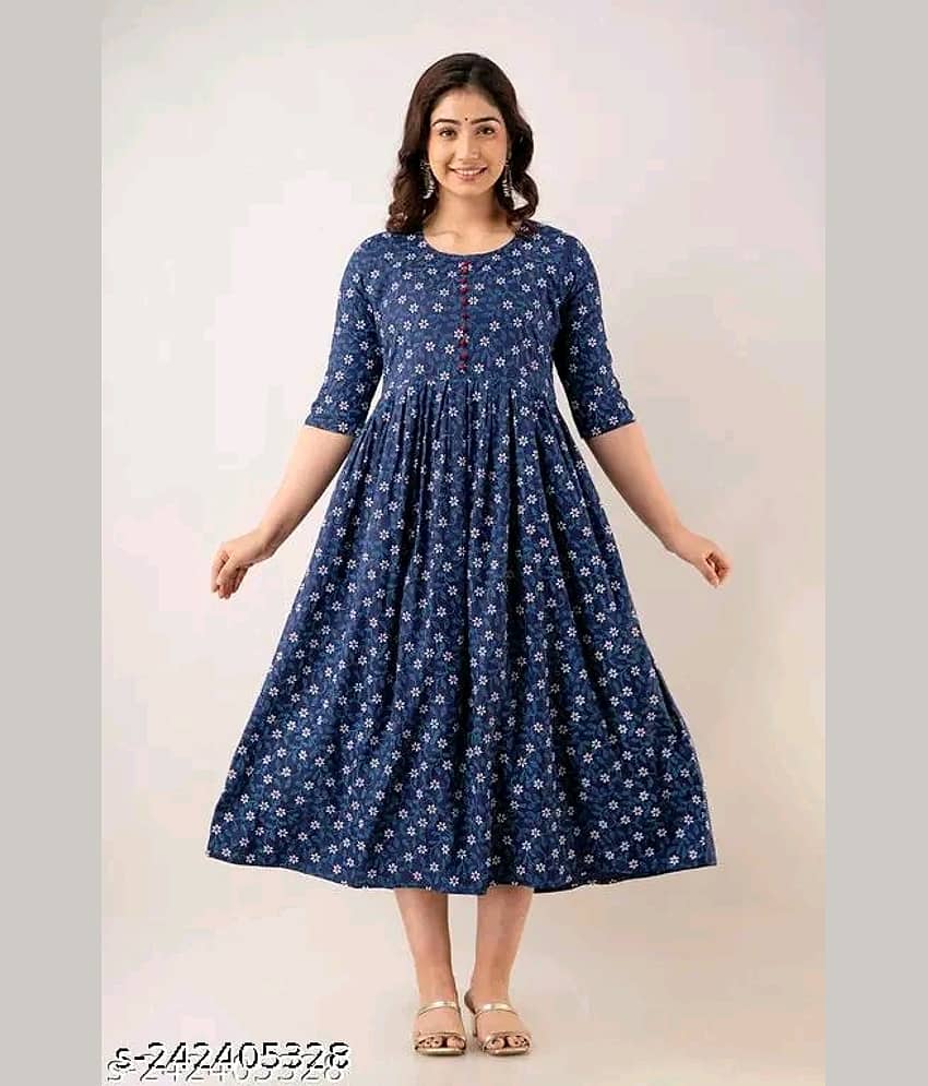 RIAANA Cotton Printed Flared Women's Kurti - Blue ( Pack of 1 )