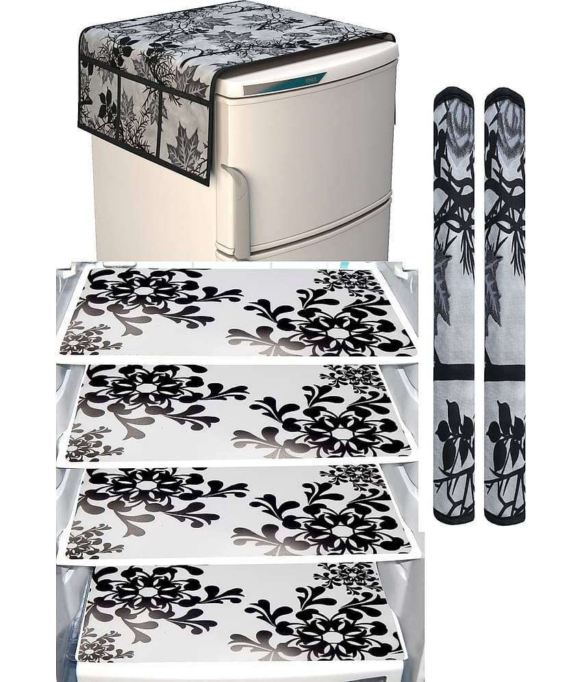 SHUBH Polyester Floral Fridge Mat & Cover ( 99 58 ) Pack of 7 - Black